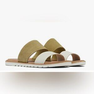Sorel Women's Olive White Ella II Leather Flat Slip-On Classic Slide Sandal 10